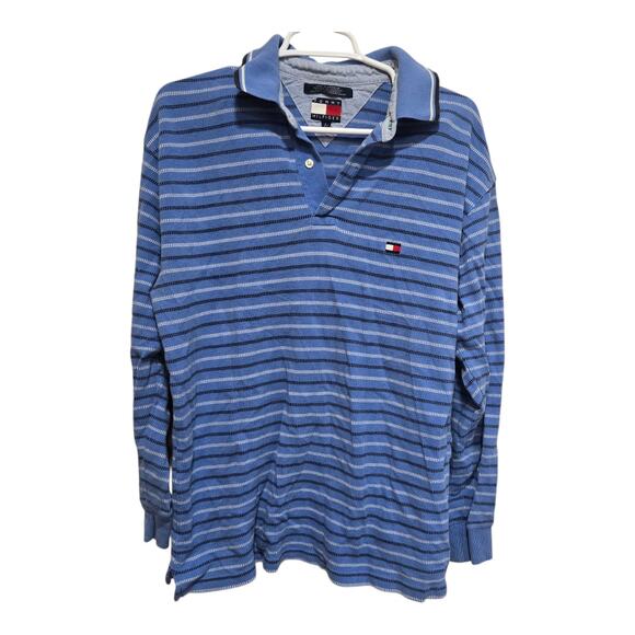 Tommy Hilfiger Men’s Large Blue Striped Rugby Polo Long Sleeve Shirt - Picture 1 of 8